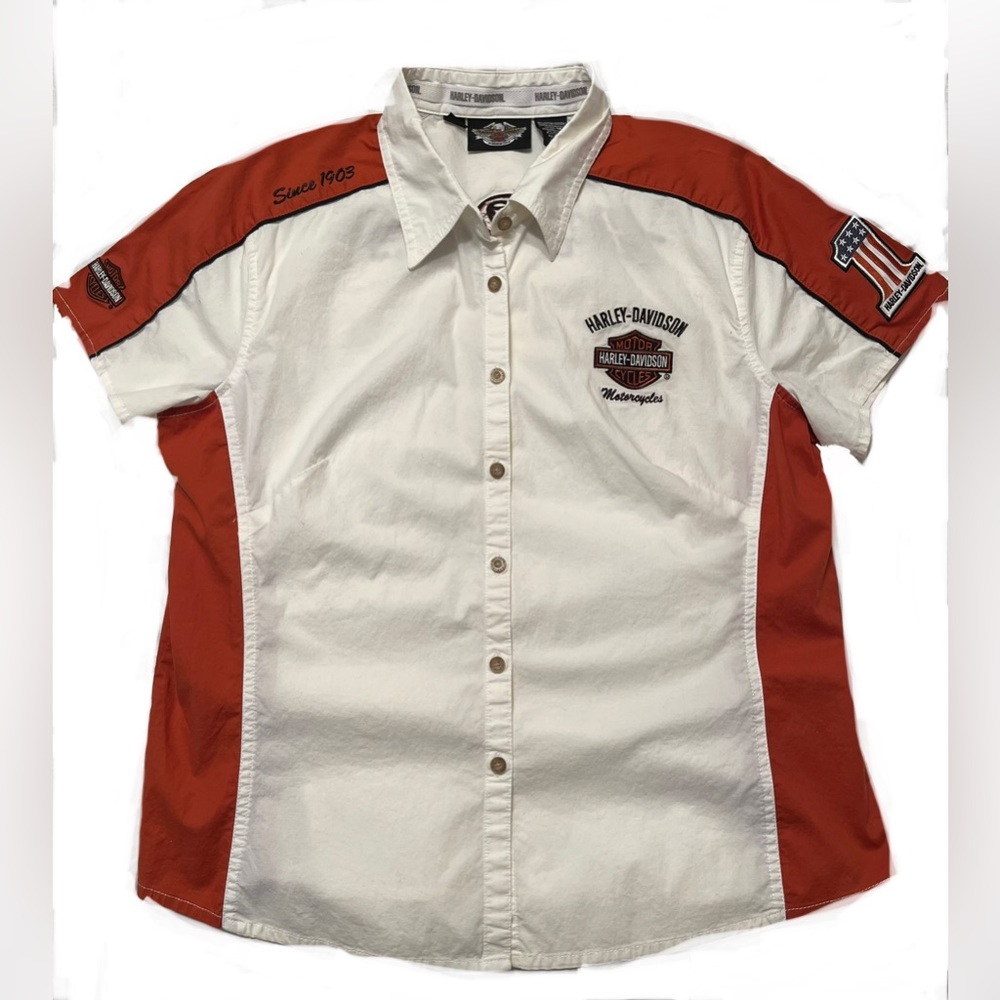 VINTAGE Genuine HARLEY-DAVIDSON Women’s Fitted L White Staff Work Shirt
